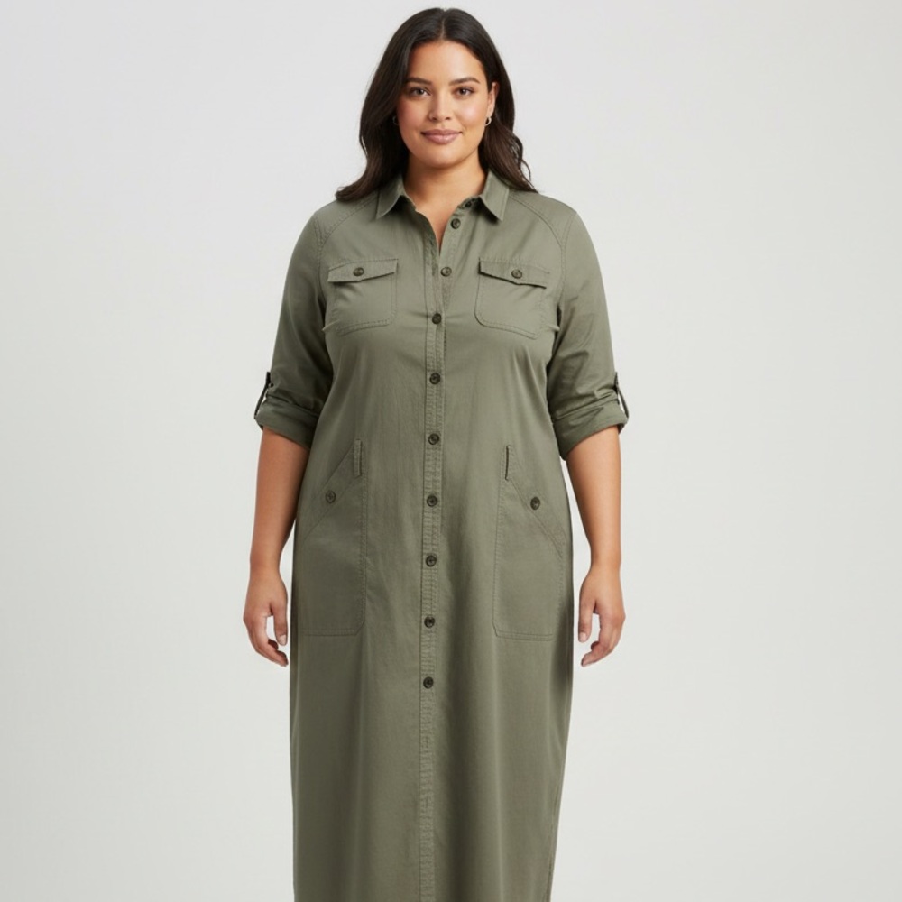 DKNY‎ Safari Utility Cotton Blend Green Midi  dress